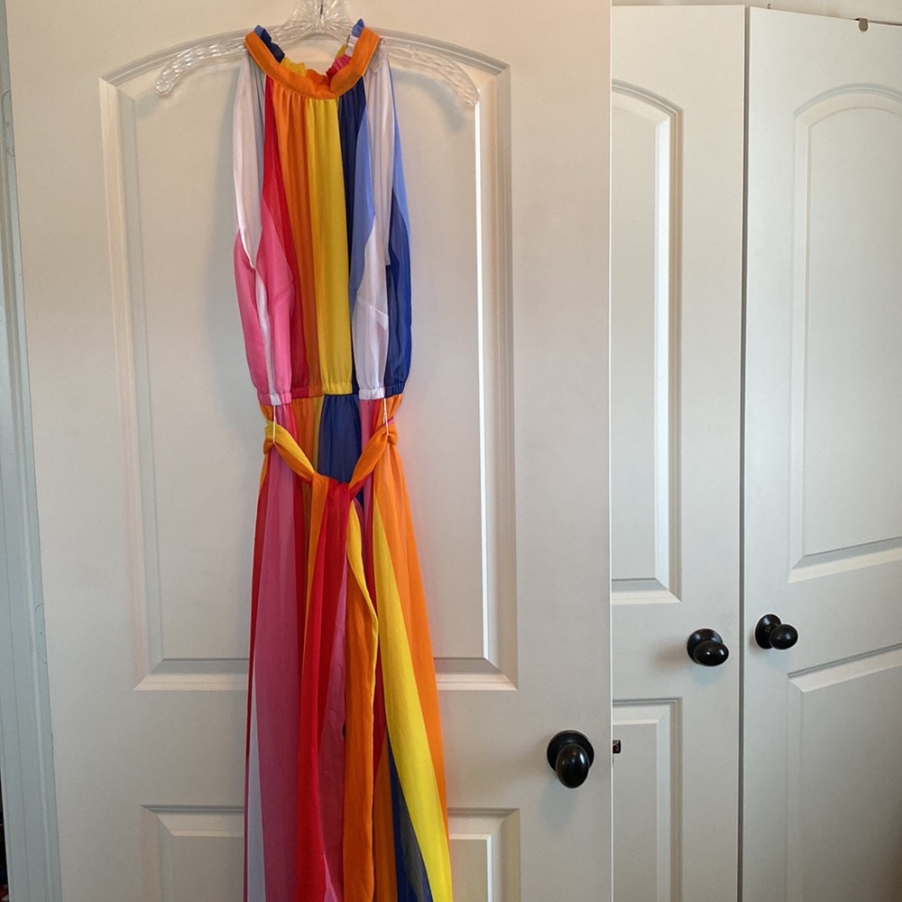 NEW YORK & COMPANY- Sheer multi-color halter dress. Maxi - Dress (full length).